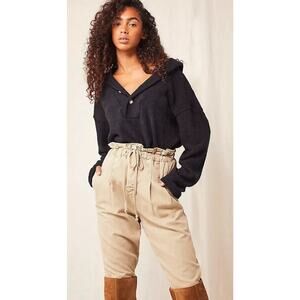 Free People Beach Size Small Black Bino Pullover Button Crop Gathered Sweater